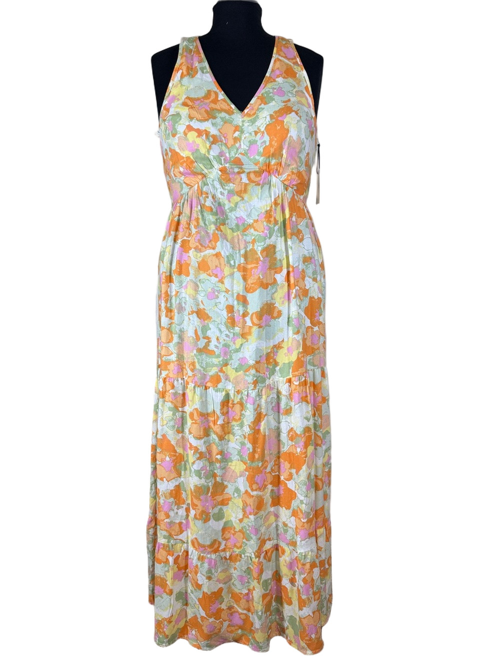 Japna Floral V-Neck Tiered Maxi Dress in Orange, Pink & Cream SKU1531